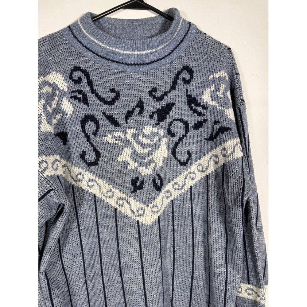 Vintage Village Fair Blue Rose Floral Striped Knit Sweater Mock Neck Womens XL
